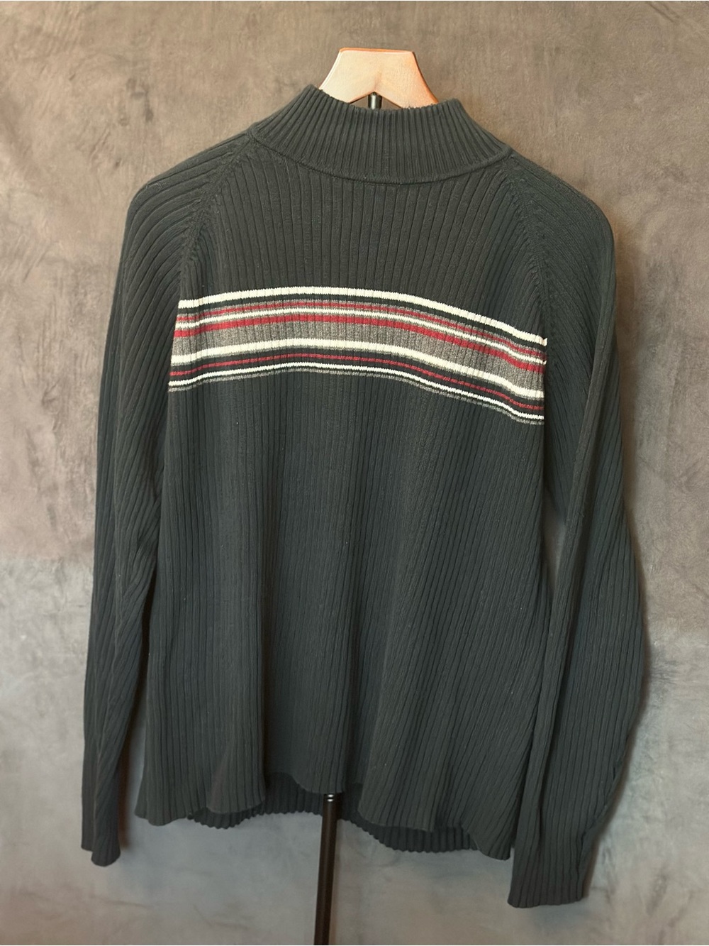 Claiborne Black Ribbed Turtleneck Sweater with Red and Cream Stripes